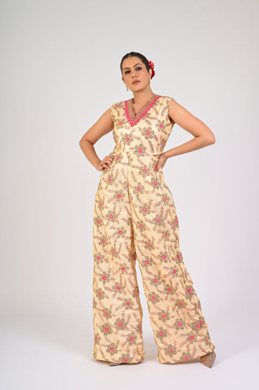 Cream & Fuchsia Floral Embroidered Jumpsuit